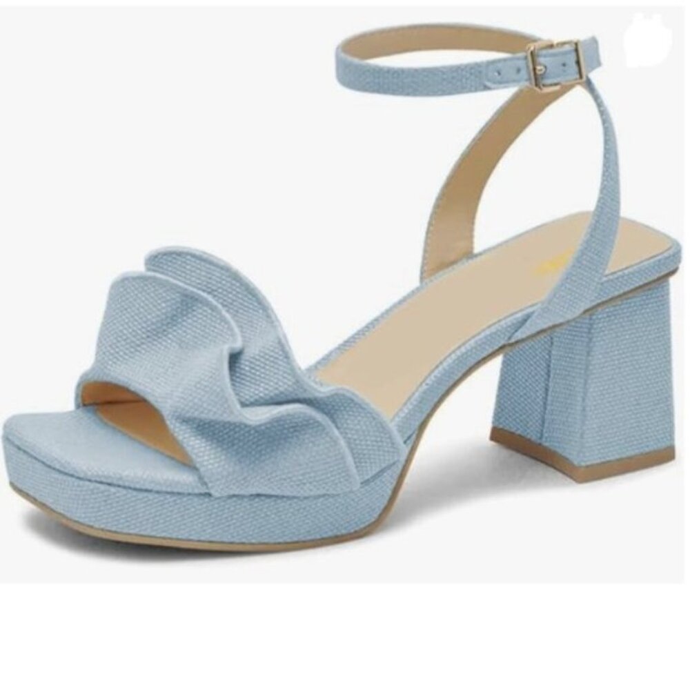 Pazzion Womens Platform Square Toe Pleated Ruffle Sandals Chunky High Heels Blue